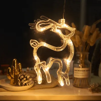 Productafbeelding van 2-delige set LED-lichtslinger voor ramen, met zuignappen, op batterijen, kerstdecoratie, feestversiering, rendieren