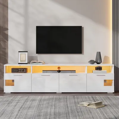 Produktbild von Merax Hochglanz TV-Lowboard mit RGB-LED und App-Steuerung, TV-Schrank mit 4 Türen und 3 offene Fächer, TV-Board mit mit Glasböden, Weiß