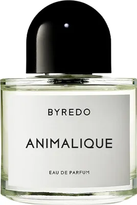 A close-up studio shot of a Byredo Animalique Eau de Parfum bottle against a white background.