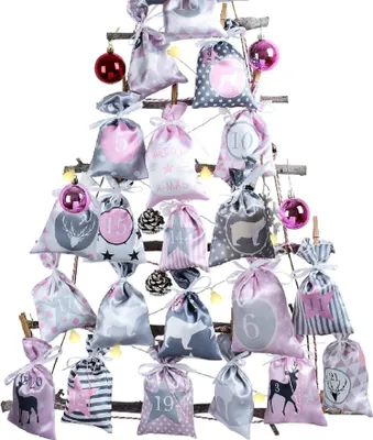 Produktbild von Adventskalender zum Befüllen XXL Rosa Grau Stoffsäckchen 24er Set