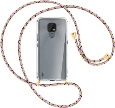 Produktbild von Handykette Backcover-Schutzhülle mit Band (Metall goldfarben) für Motorola Moto E7 - rosa Karo