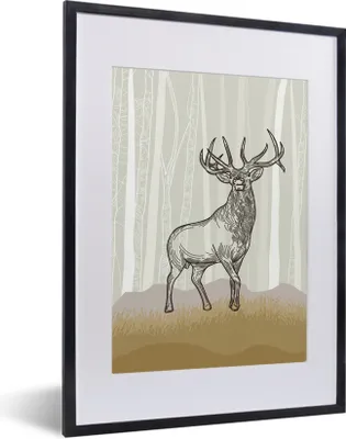 Produktbild von MuchoWow® MuchoWow® Gerahmtes Poster Eine Illustration eines Hirsches mit großem Geweih 30x40 cm - Poster mit zchwarzem Bilderrahmen - Wandposter Schlafzimmer