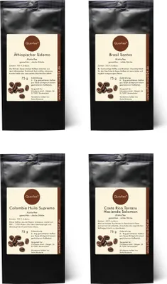 Produktbild von 4 x Kaffee im Kaffee Set Plantagenkaffee - Äthiopischer Sidamo, Brasil Santos, Colombia Huila Supremo, Finca La Mejorana - 100 % Arabica Röstkaffee - gemahlen (4 x 75 g)