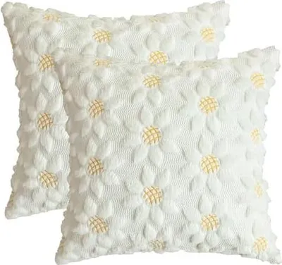 Produktbild von Artoid Mode Cremeweiß Sonnenblumen Weich Künstliche Pelz Jacquard Kissenbezüge 2er Set, 40x40 cm Frühling Plüsch Samt Sofakissen Zierkissenbezug Deko