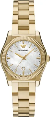 A close-up studio shot of a gold Emporio Armani watch with a white mother-of-pearl dial.