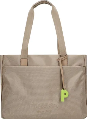 A studio shot of a beige tote bag.