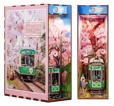 Image de Kit de construction de puzzle en bois 3D, miniature de maison avec éclairage, tramway à fleurs de cerisier japonais, en MDF