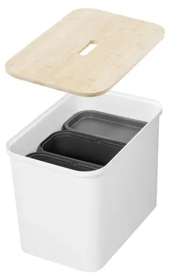 Abfalleimer 76 l mit Holzdeckel, 3× 13 l Einsätzen, weiß