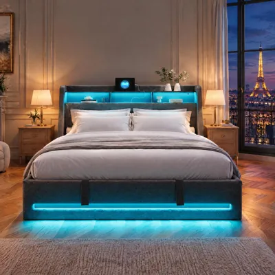 Immagine prodotto di Letto imbottito INONEFT 140x200 cm con LED e USB, letto box con sistema idraulico e contenitore, letto matrimoniale con spazio contenitore, rete a doghe, tessuto in lino, colore grigio