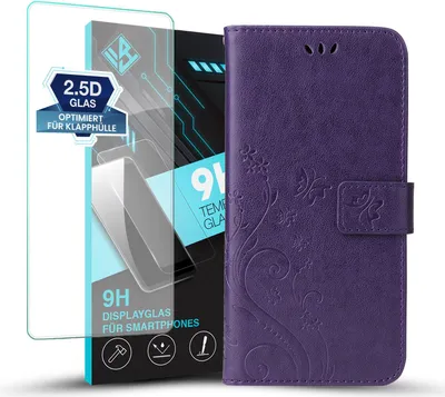Produktbild von Handyhülle für Samsung Galaxy S24 FE mit 9H Displayglas Floral Blumen Schmetterling Flip Cover Hülle Case Klapphülle Handytasche Farbe: Violett