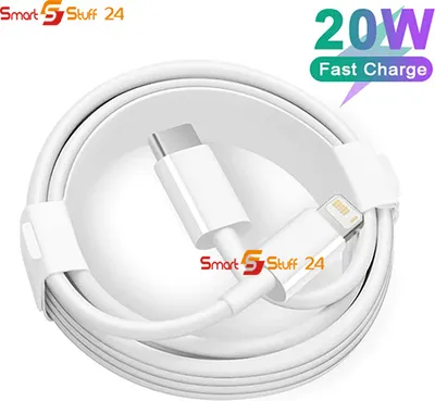 A coiled white USB-C to Lightning charging cable is shown in a white circular container.