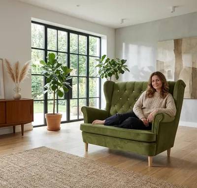 Produktbild von 2-Sitzer Sofa GAJA1 Royal – gesteppt, Velours in Olivgrün, Family Meble, KI-generiertes Bild