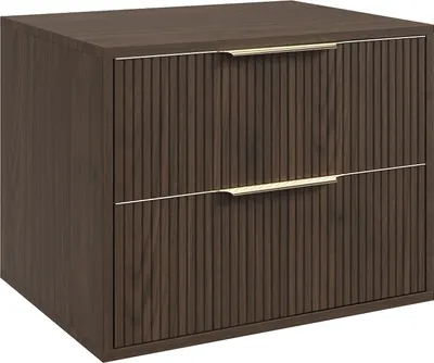 A dark brown wooden cabinet with two drawers and gold handles, shown from a front-side angle against a white background.