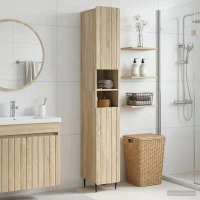 Image de Meuble de salle de bain exclusif - Armoire avec étagère ouverte, modèle ZWOLLE, en chêne Sonoma
