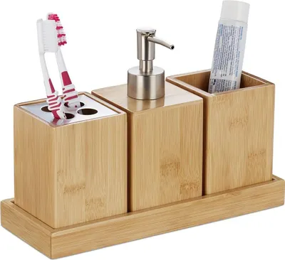 Zdjęcie produktu dla Zestaw akcesoriów łazienkowych z tacką, 3 elementy - zawiera dozownik do mydła, Bambus, Naturalny, 18 x 25 x 9,5 cm