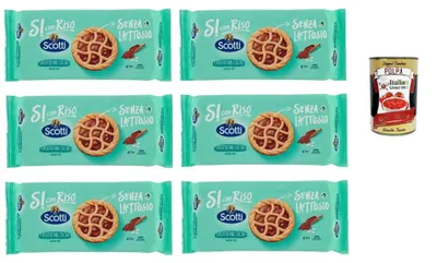 Produktbild von Riso Scotti Crostatina Cacao, Snack mit Kakaocreme, laktosefrei, ohne Milchproteine und ohne Spuren, 6x 144g (4x36g) + Italian Gourmet polpa 400g