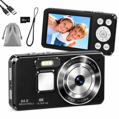 Produktbild von Digitale Kamera 4K 64MP – Kinderkamera – 2,8 Zoll LCD 18X Zoom – Inkl. 32GB SD – Schwarz