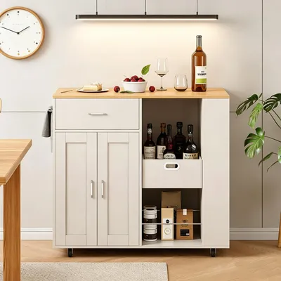 Immagine prodotto di Isola da cucina INONEFT su ruote, carrello da cucina con cassetto e 2 ante, isola da cucina con ripiani aperti e portasciugamani, dimensioni 102x46x92 cm, colore bianco