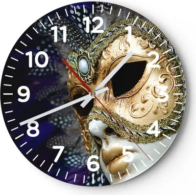 Produktbild von Wanduhr - Rund - Glasuhr - Maske Gesicht Mysterium - 30x30cm - Schleichendes Uhrwerk - Lautlos - zum Aufhängen bereit - Dekoration Modern - Wanddekoration aus Glas - C4AR30x30-0147