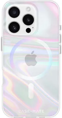 The back of a phone case with an iridescent, soap bubble-like pattern. The Apple logo and MagSafe ring are visible.