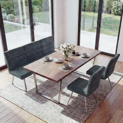 Produktbild von Esszimmer-Set HWC-G55, 2er-Set Stuhl + Sitzbank 180cm, Edelstahl gebürstet Stoff/Textil Chenille blau-grün