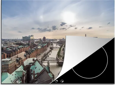 Produktbild von KitchenYeah© Herdabdeckplatte Stadt - Brücke - Hamburg , 77x59cm, Küche Deko, Glaskeramikkochfeld Herdabdeckung, Abdeckplatte fùr Kochfeld