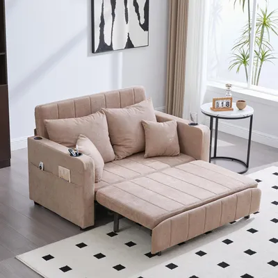 Produktbild von LVHOM Schlafsofa mit 3-fach verstellbarer Lehne&USB, Ausziehbares Schlafbett, 2-Sitzer mit Becherhalter Platzsparend 139x73x83cm, Khaki