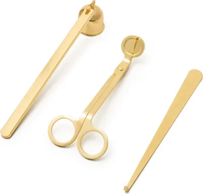 Image de Set d'accessoires pour bougies - ciseaux, manche et éteignoir - doré
