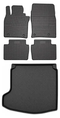Image de Tapis en caoutchouc + bac de coffre pour Mazda 3 IV 2019- (berline, roue galette) – 5 pièces, noirs, sur mesure