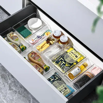 Obrázok produktu pre Sada organizérov do zásuviek – vložky do zásuviek – 25 dielov – 4 veľkosti – obdĺžnikové – plastové – na kozmetiku a šperky – priehľadné