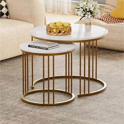 Immagine prodotto di Set di due tavolini rotondi, oro, metallo e MDF, dimensioni 60x45 cm e 40x40 cm