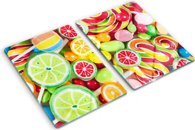 Produktbild von Tulup Glas Herdabdeckplatte - 2x40x52 cm - Glaskeramikkochfeld-Abdeckung Spritzschutz Glasabdeckplatte Kochplattenabdeckung und Schneidebrett - Zweiteilig - Essen & Getränke - Bunte Süßigkeiten - Mehrfarbig