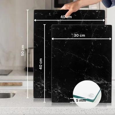 Obrázek produktu pro Skleněná krájecí deska 50×40 cm – Odolná proti rozbití, s protiskluzovou úpravou a odolná vůči teplu – Vzhled černého mramoru
