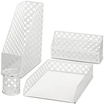Produktbild von PolkaHome® Schreibtisch-Organizer 4-teilig Büro-Set - Metalldraht-Design - Inklusive: A4-Ablage, A4-Zeitschriftenhalter, Briefsortierer