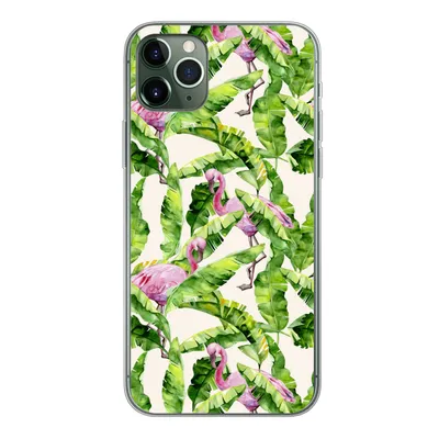Produktbild von MuchoWow® Handyhülle Schutzhülle Hülle für iPhone 11 Pro Max Flamingo - Blätter - Muster Silikon Softcase Handy Hülle - Schutz