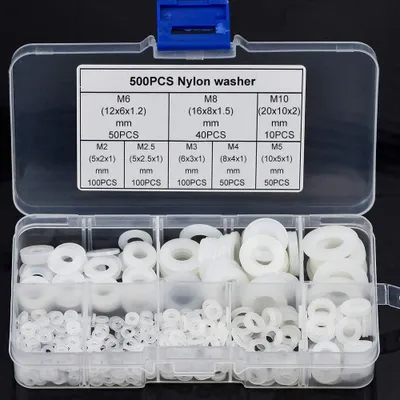 Obrázek produktu pro Sada 500 nylonových podložek, plastové podložky z nylonu M2, M2,5, M3, M4, M5, M6, M8, M10, velký sortiment nylonových podložek, Blanche-Kit s Boîte pour Plomberie, Vis, Boulons