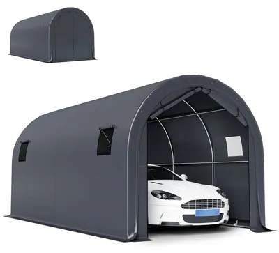Obrázek produktu pro Stříška pro auto, garážový stan – stan 3x6 m – vodotěsný materiál PE – rolovací vrata – okno – tmavě šedá barva