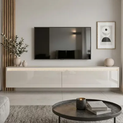 Produktbild von Hängendes TV-Lowboard LUMI II 170 cm Kaschmir Hochglanz, Fernsehschrank mit LED-Beleuchtung & Push-to-Open