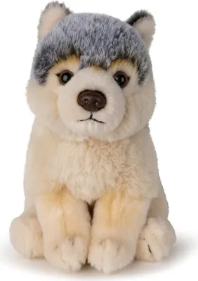 A plush toy wolf sitting on a white background.