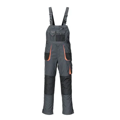 A pair of work overalls is shown against a white background.