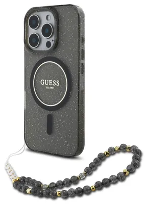 Produktbild von Guess IML Glitter With Pearl Strap MagSafe - iPhone 16 Pro Max Hülle (Schwarz)