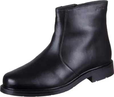 A black leather boot is shown against a white background.