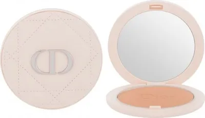 A compact makeup product, showing both the closed compact with the Dior logo and the open compact with a mirror and bronzer.