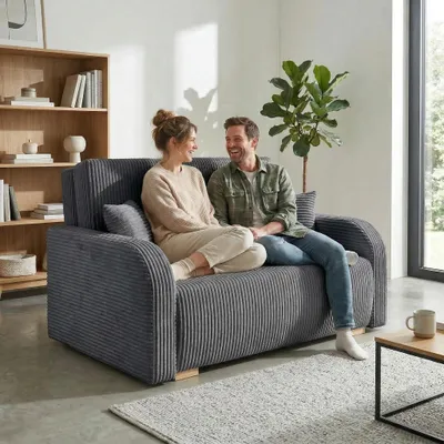 Produktbild von Wohnero24 Lirena 2 Schlafsofa 136x95 cm mit Bettfunktion 113x195 cm – 2-Sitzer Cord Sofa ausziehbar mit Bettkasten, kleines Schlafsofa für Wohnzimmer