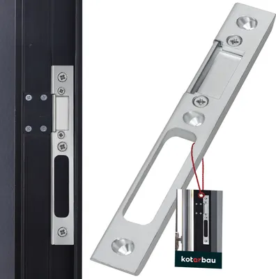 A close-up of a door strike plate and a door frame with a strike plate installed.