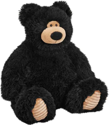 A plush black bear toy sitting down.
