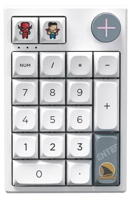 A close-up view of a white mechanical number pad with colorful character keycaps and a rotary encoder.