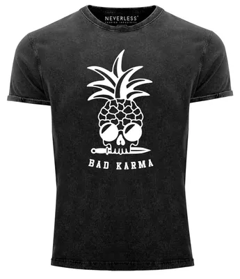 Produktbild von Herren T-Shirt Vintage Shirt Printshirt Totenkopf Ananas Bad Karma Pineapple Skull Aufdruck Used Look Neverless® schwarz S