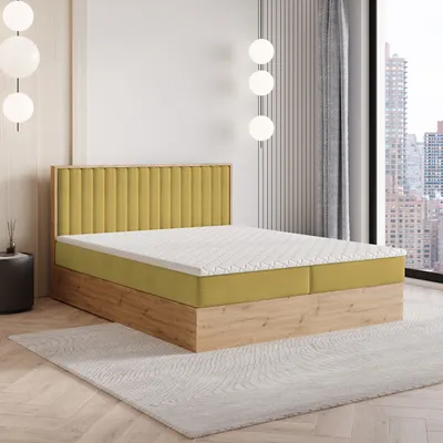 Produktbild von Masseno Boxspringbett VARELI 160x200 cm Komplett-Set mit Bonell Matratze und Topper, Polsterbett mit Bettkästen -Gelb, SORO 40