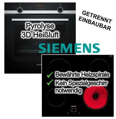 Produktbild von Siemens Herdset Einbaubackofen Dampfunterstützung Pyrolyse Teleskopauszug + Glaskeramik Kochfeld 60 cm